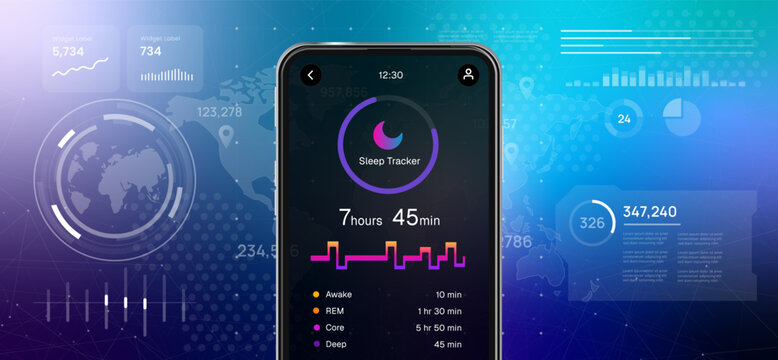 Sleep tracker application on smartphone screen showing quality monitoring data and health analytics with futuristic hud interface background for wellness