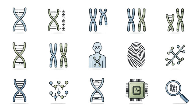 Illustrated icons of dna strands chromosomes and scientific symbols