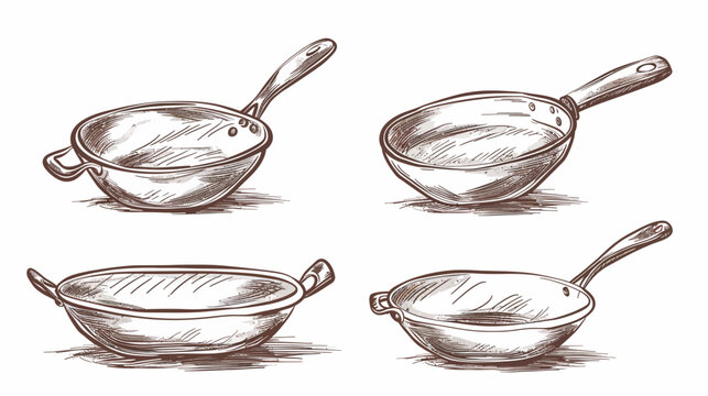 Four skillets, sketched with line art and shading, are arranged on a white background