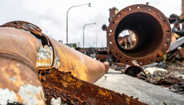 Rusty industrial pipes warped and decayed at a scrap yard, representing urban deconstruction