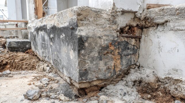 Elegent photo of  crumbling cement foundation reveals construction damage from water exposure and soil instability during building inspection and renovation process.