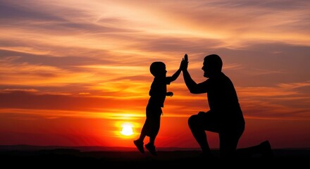 Fototapeta premium Celebrating happy father's day silhouette of father and son high fiving at sunset family bonding