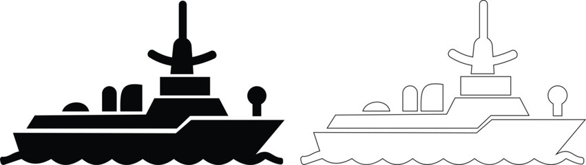 Navy ship warship vessel icon set collection group in black flat and line style vector illustration, marine boat naval transport symbol pack minimal outline design bundle © WaQar