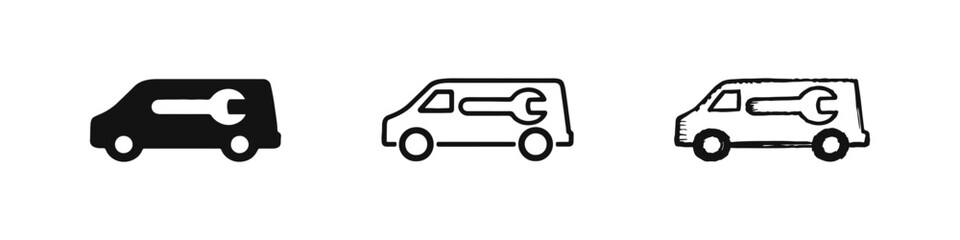Mobile Service and Repair Van with Wrench Icon Set © drawing lines