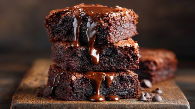 Elegent photo of  delicious brownies with melted chocolate on a stack.
