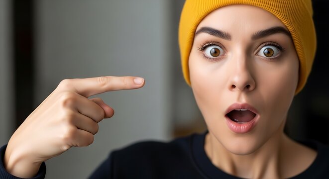 Surprised woman pointing to something.