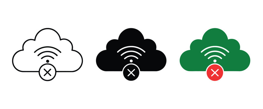 Cloud network disconnected icon set vector illustration representing no internet connection and server error symbols for digital, web, and technology design