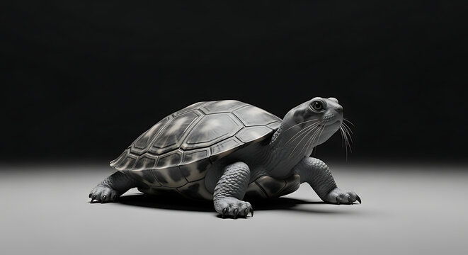 Detailed three-quarter view of a terrestrial tortoise with a textured shell and scales, set against a dark studio background