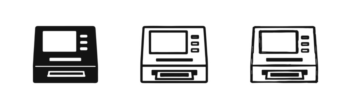 ATM machine icon set in solid, outline and doodle style, automated teller machine vector illustration