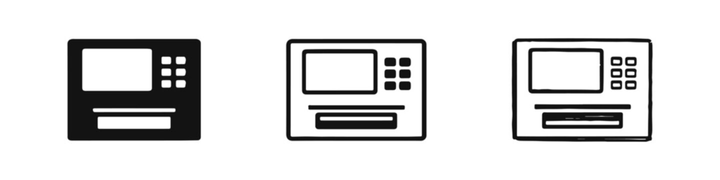 Card reader or ATM screen icon set with keypad, solid, line and hand drawn brush stroke style