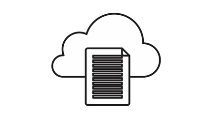 Minimalist black line art vector icon of a document file overlapping a cloud symbol, representing cloud storage, digital archiving, online data management, and remote file backup services. © Hania
