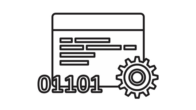 Minimalist black vector icon illustration of a computer window with binary digits and a gear, symbolizing software engineering, web development, coding, and technical processing.