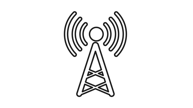 Minimalist black line art vector icon of a radio tower or signal antenna broadcasting wireless waves, symbolizing communication, network connectivity, transmission, and telecommunications technology.