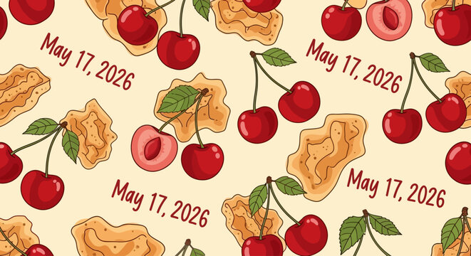 cherry pie slices and whole cherries with may 17 2026 date tags isolated on background