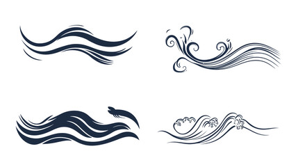 Fototapeta premium Four stylized ocean wave graphics in dark blue against a white background, representing water