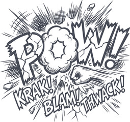 Obraz premium explosive comic action with pow blam and thwack text featuring a powerful punch fist hand drawn style illustration with black fill and no white fills