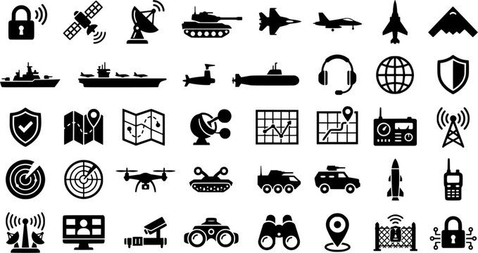 Military Communication Icons. Outline icon set of military communication: encrypted signal, satellite, radar

