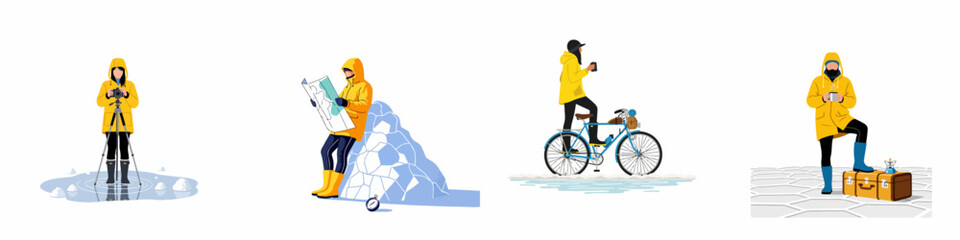 Collection of illustrations showing adventurers in yellow jackets exploring arctic environments, featuring photography, navigation, cycling, and resting on an icy landscape. © Mustajib