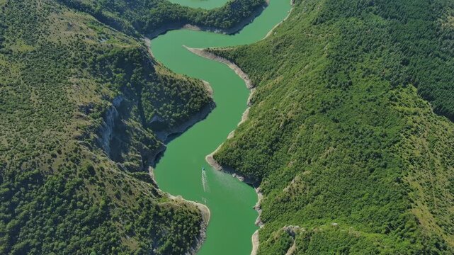 Aerial view of curved meanders in canyon of Uvac river, Serbia, 4k