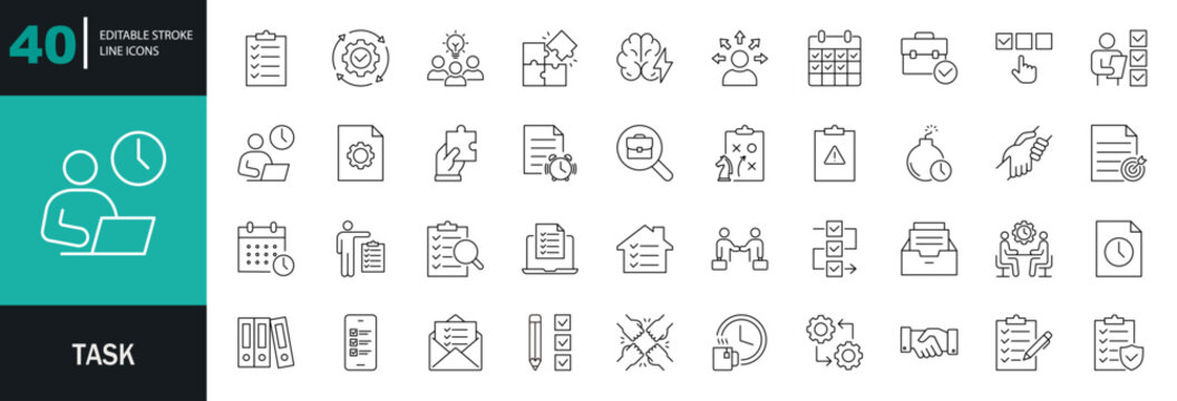 Task icon set. Containing a checklist, project, to-do list, job, workflow, clipboard, multitasking, assignment, business planning, and more. Editable line icons. Vector illustration.