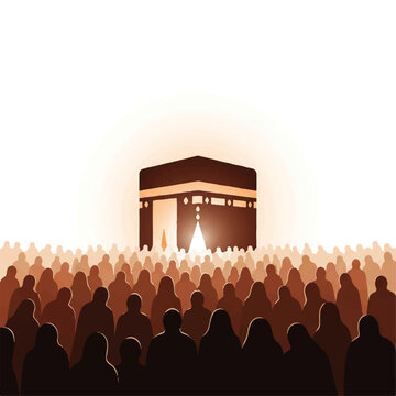 Vector flat design illustration of a large crowd of people gathered around the Kaaba in Mecca during a religious