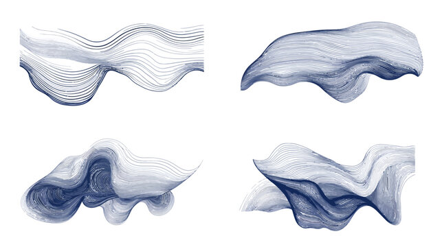 Four abstract pieces, featuring wavy, layered, dark blue and gray lines on a white background