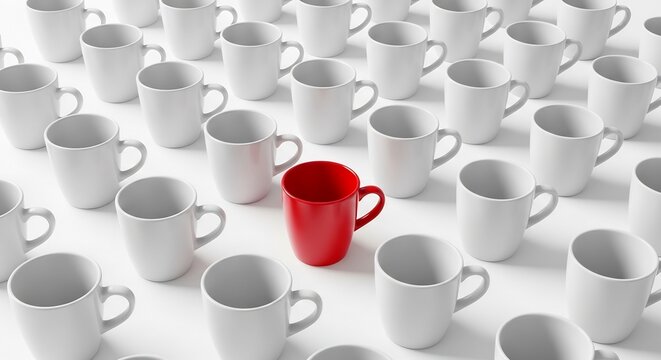 a single red coffee mug standing out among many white mugs
