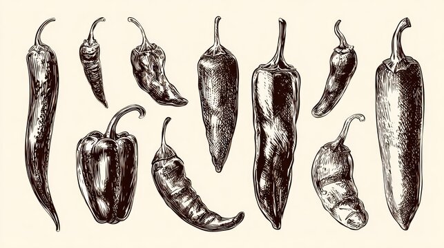 Collection of detailed hand drawn chili and bell pepper illustrations arranged across a light background