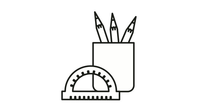 Black line art vector icon illustration of school and office supplies featuring a pencil holder cup with three sharp pencils and a protractor for geometry, education, and creative design work.
