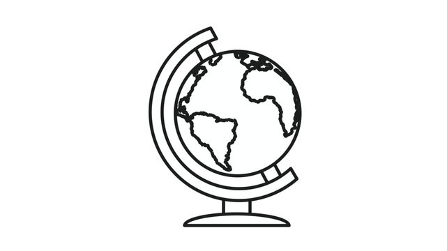 Minimalist black vector icon of a terrestrial globe on a stand, featuring a world map with continents. Clean line art illustration for education, geography, travel, and global business concepts.