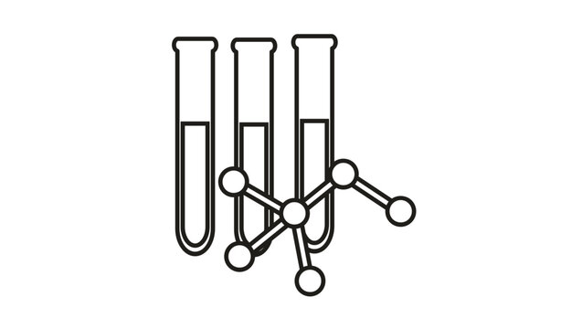 Minimalist black line vector icon illustration of three laboratory test tubes filled with liquid and a molecular structure, representing chemistry, scientific research, and biotechnology.