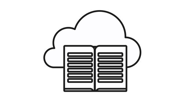 Minimalist black outline vector icon of an open book in front of a cloud, representing a digital library, online education, e-book storage, cloud-based learning, and information technology symbol.
