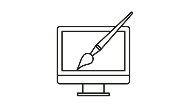 Minimalist black line art vector icon of a computer monitor with a paintbrush, symbolizing digital art, graphic design, creative software, web design, and artistic digital illustration tools.