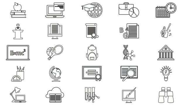 25 Vector Icon Set Bundle of Black Line Symbols for Education, Business, Science, Technology, and Art. Features Globe, Briefcase, Laptop, Books, Calendar, DNA, Music, Sports, and School Supplies.