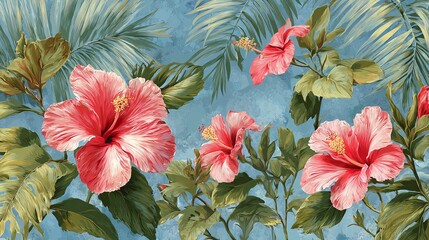 Naklejka premium Hibiscus flowers and palm leaves create a lively summer scene.