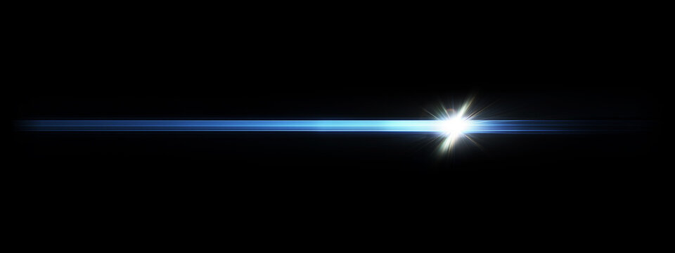 Cool Blue Horizontal Lens Flare Light Beam with Sharp Glow Effect on Dark Background, Cinematic Optical Streak Overlay.