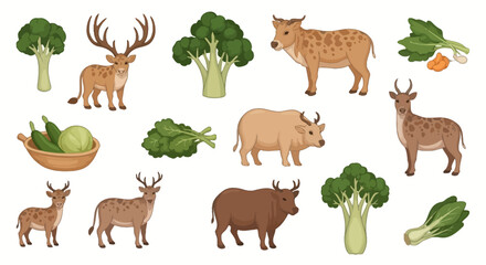 Fototapeta premium Deer and broccoli set vector illustration for food and wildlife themes