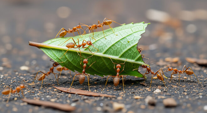 Diligent red ants collaborating to transport a large green leaf across rough ground, showcasing incredible teamwork and collective effort with ample copy space for text