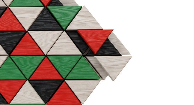 geometric pattern of interlocking triangles in red, green, black and beige wood texture, abstract background with repeating elements and a sense of depth