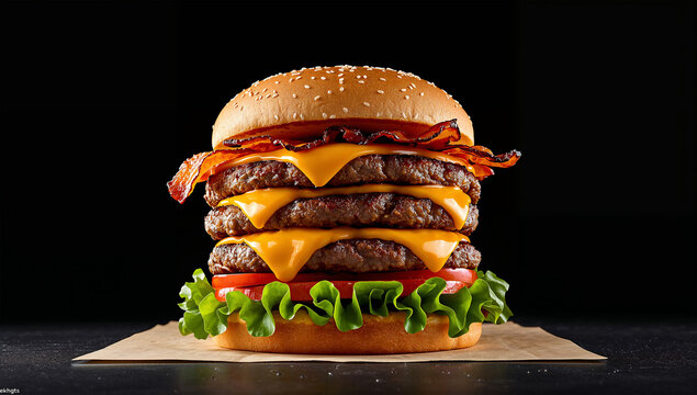 迫力あるトリプルチーズバーガーを黒背景で見せる写真