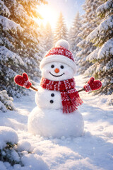 Obraz premium Happy Snowman in Sunny Winter Forest Landscape