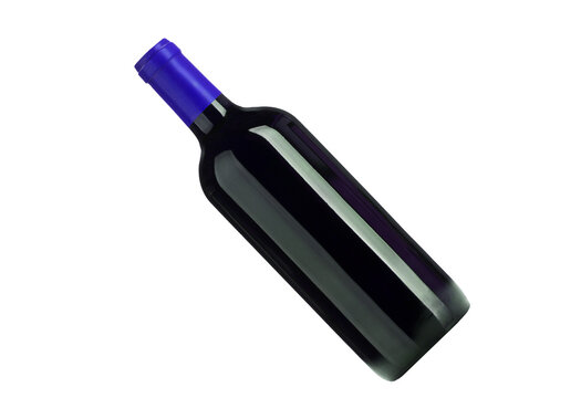 Elegant black wine bottle with a purple cap standing upright isolated on transparent background