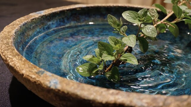Elegent photo of  hyssop. A hyssop branch being dipped into a ceramic bowl of clear water. event programs, museum guides, designed for cultural heritage projects and event.