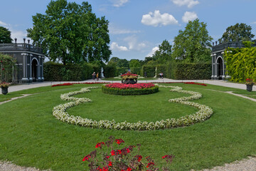 Flower beds and pavilions in the gardens of Schonbrunn palace, vienna, Austria 