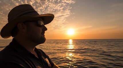 Fototapeta premium Fisherman watches golden sunset over the sea