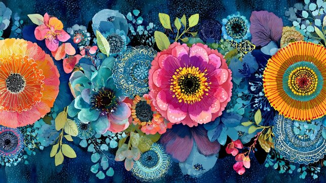 Bright floral art with watery colors, in circles, bunches, borders, and repeating designs.
