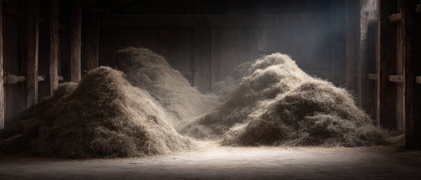 Hay Piles in Barn for Livestock Feeding and Agricultural Use