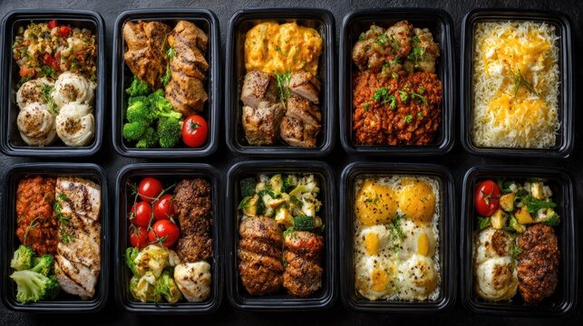 Ten prepackaged meals arranged neatly in black containers display various healthy protein and vegetable combinations