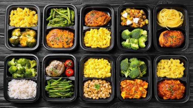 Multiple prepackaged balanced meals are organized on a dark wooden surface for convenient consumption.