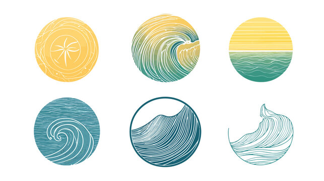 Collection of six circular illustrations depicting ocean themes, including waves, sunsets, and sea creatures